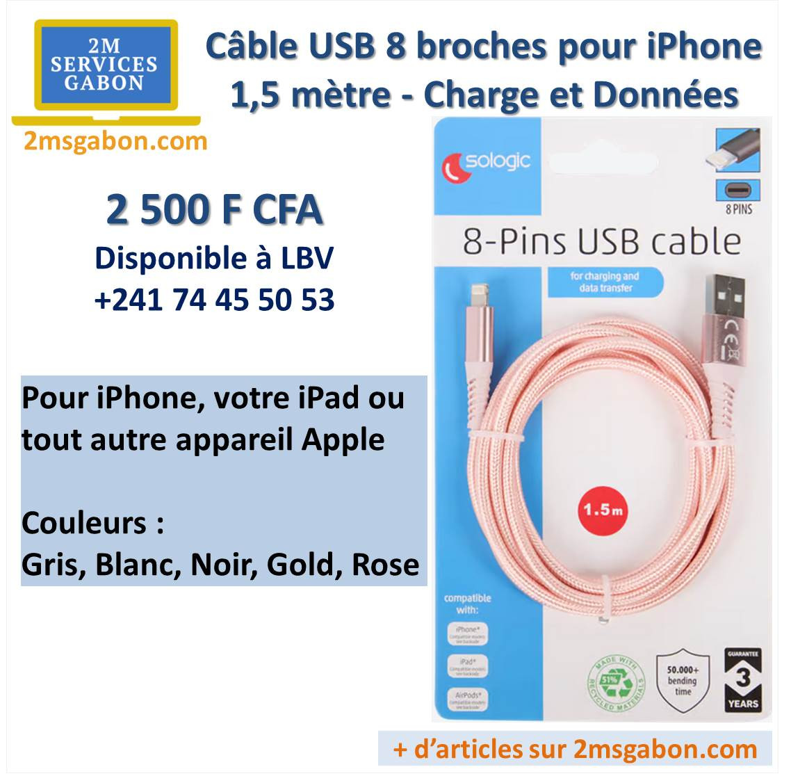 Câble USB pour iPhone - 1,5 mètre